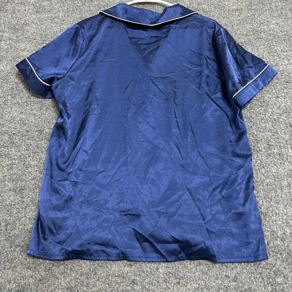 Unbranded Pajama Top Womens Size L Navy Blue Satin Short Sleeve Button Up Sleep
